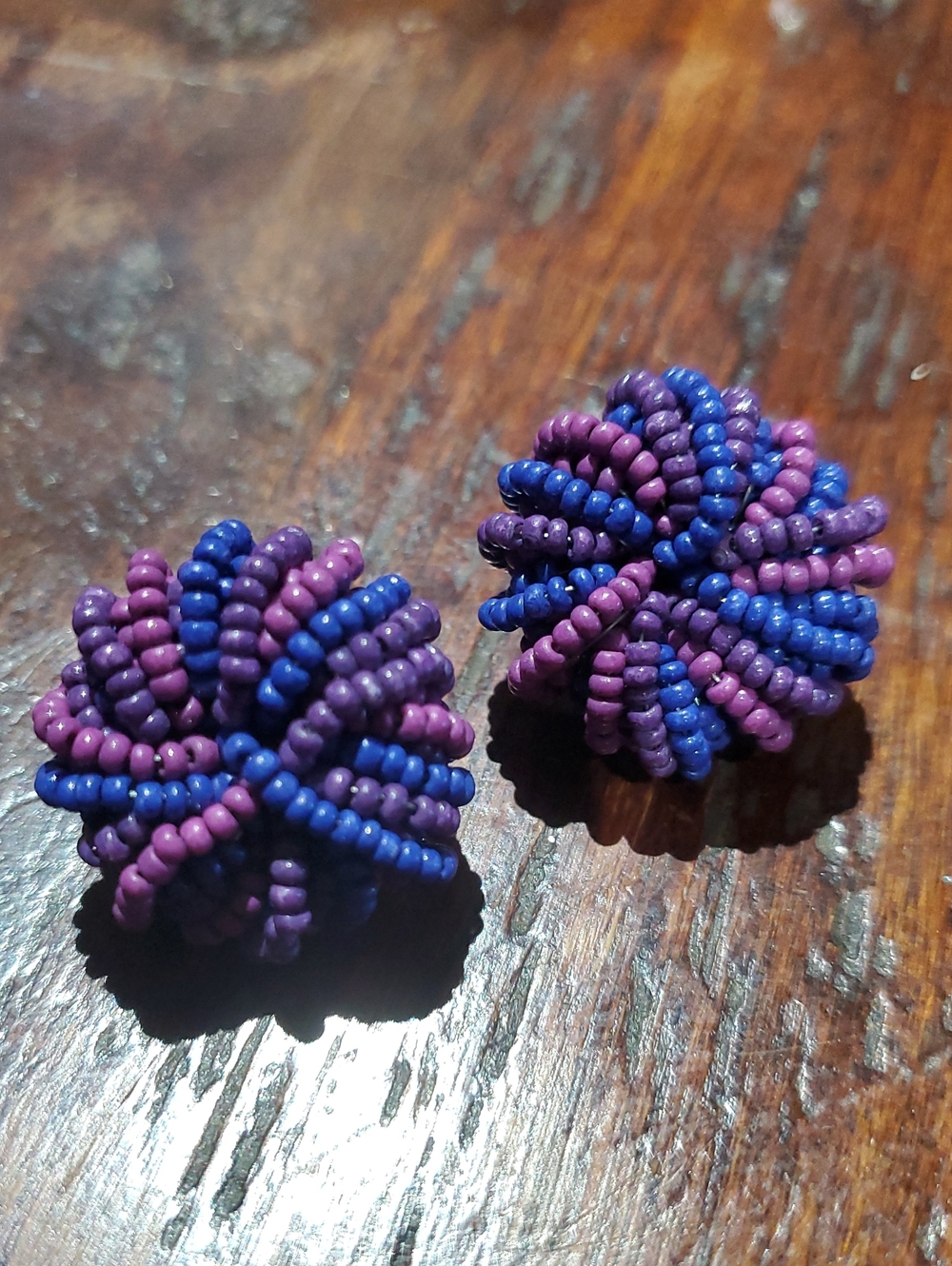 Vintage Purple Blue Beaded Knot Clip On Earrings Maximalist 90s Chunky Eclectic